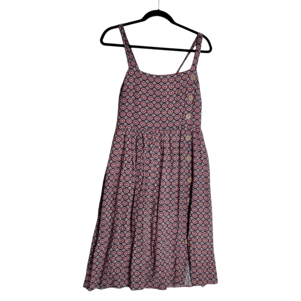 Superfoxx Red Blue Geometric Medallion Button Front Smocked Midi Dress Womens M